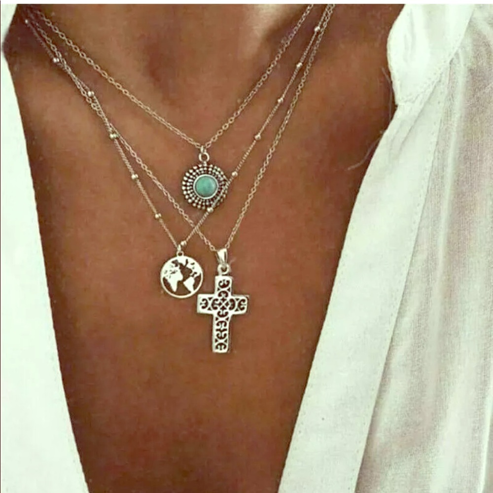 Silver Earth/Cross/Turquoise Pendant Necklace
